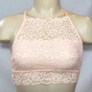 MEDIUM Xhilaration Wire Free High Neck T-Back Lace Bra Bralette Feather Peach NW